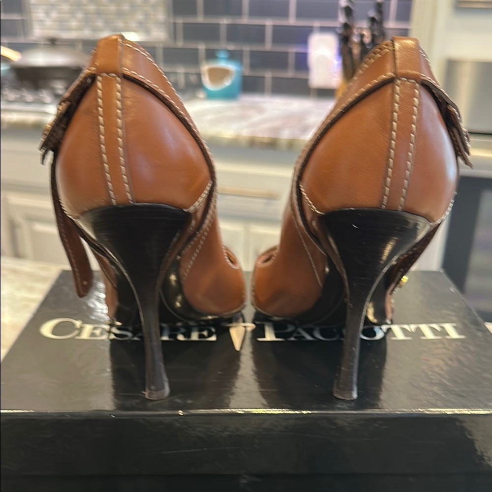 Vintage Y2K Cesare Paciotti Pointed Toe Pumps–Size 8–Brown Leather – Orig. Box - Picture 6 of 9